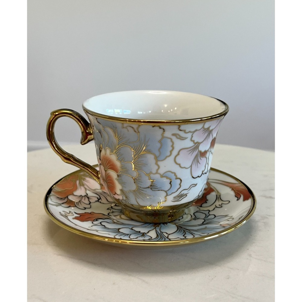 Gold Rim Peony Floral Teacup Saucer Spoon Set Fine Porcelain Cottagecore Party - Picture 5 of 14